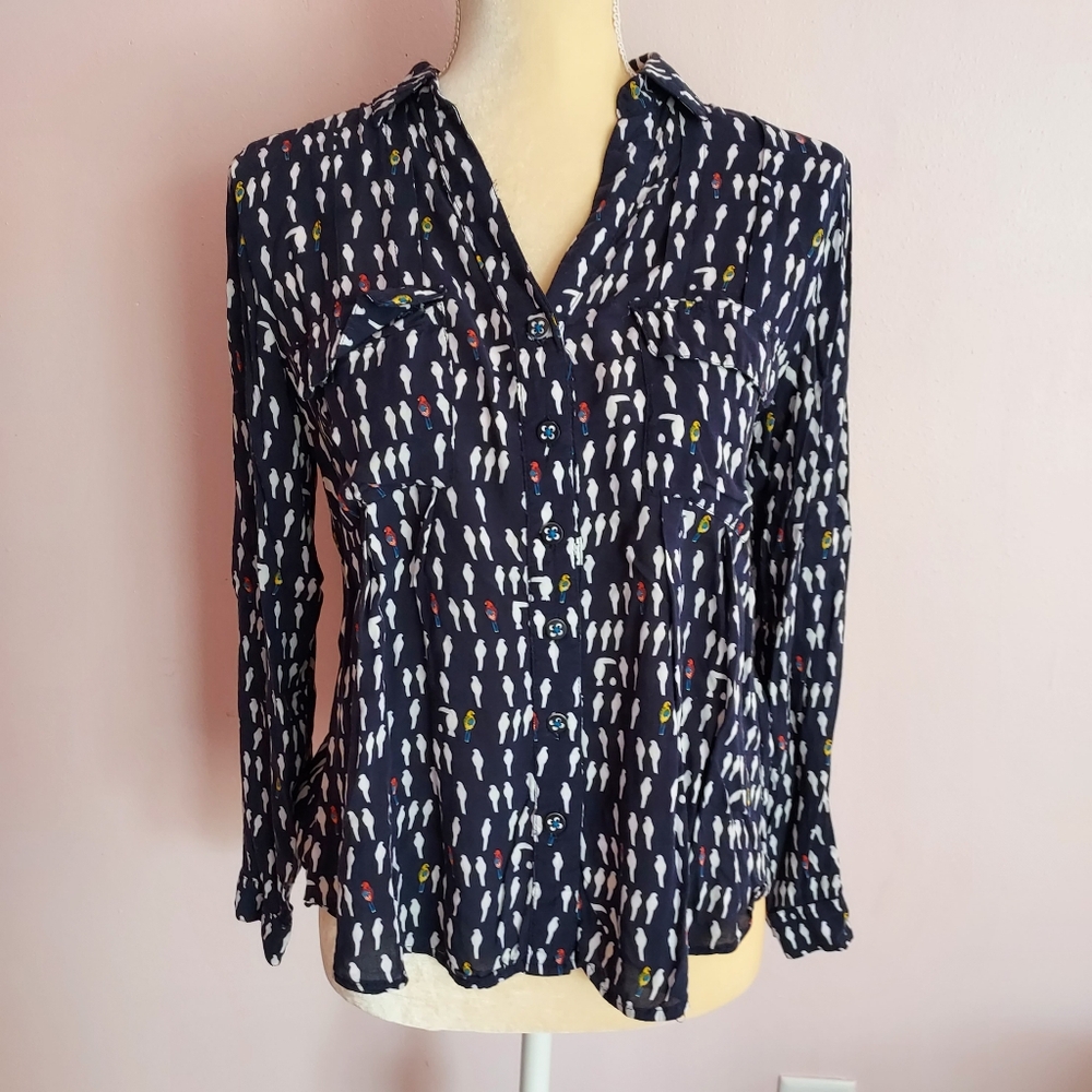 Anthropologie Maeve parrot bird print navy shirt 4 petite 4p